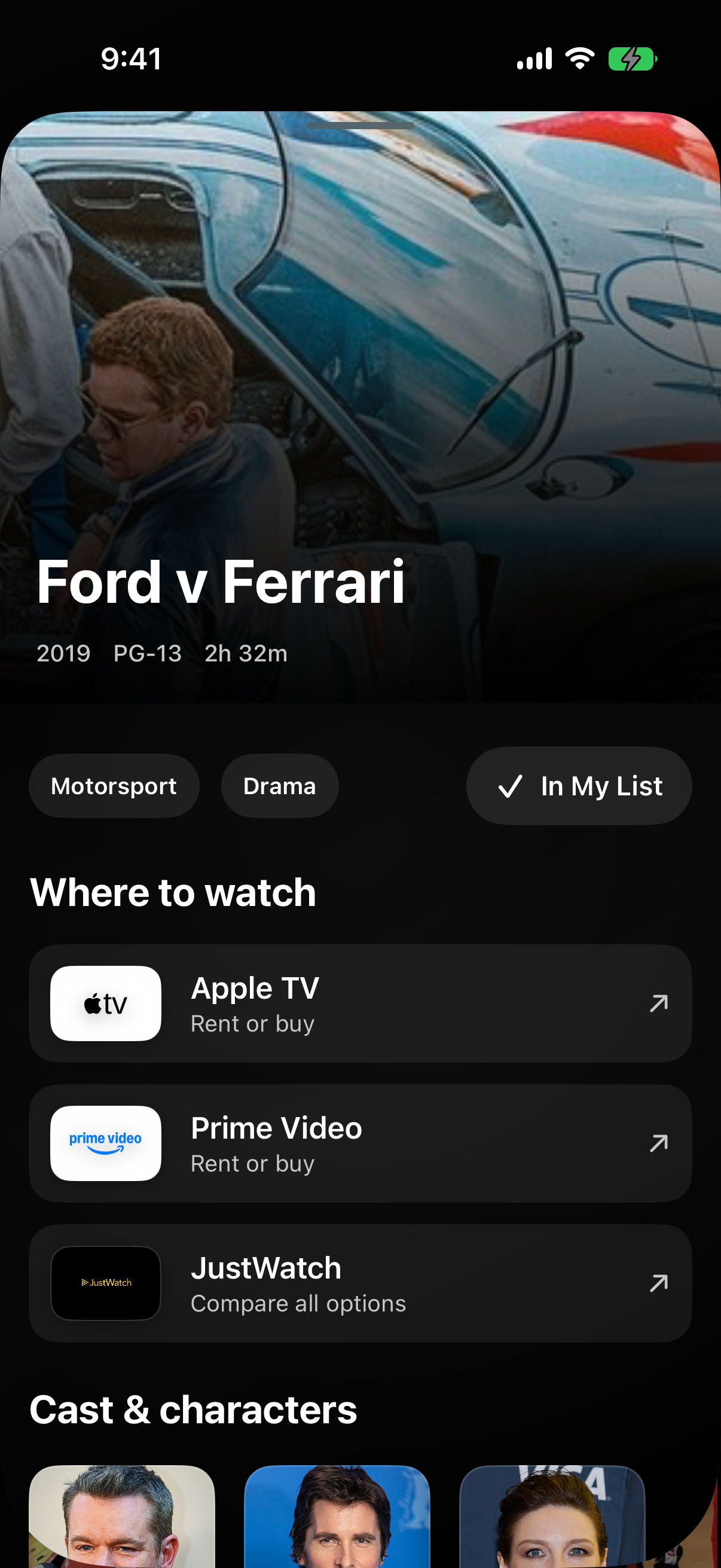 Drive Flix title detail showing where to watch Ford v Ferrari