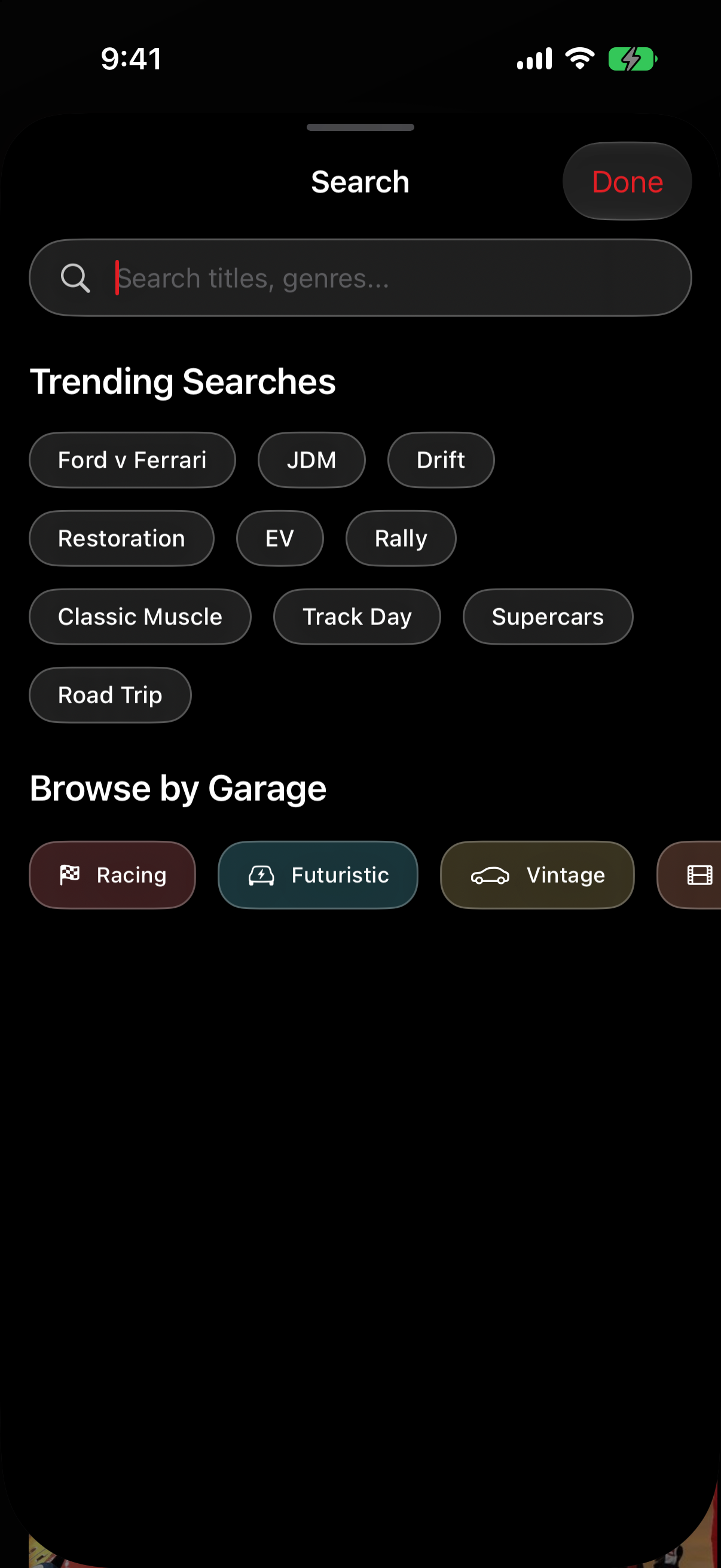 Drive Flix search with trending searches and garage categories
