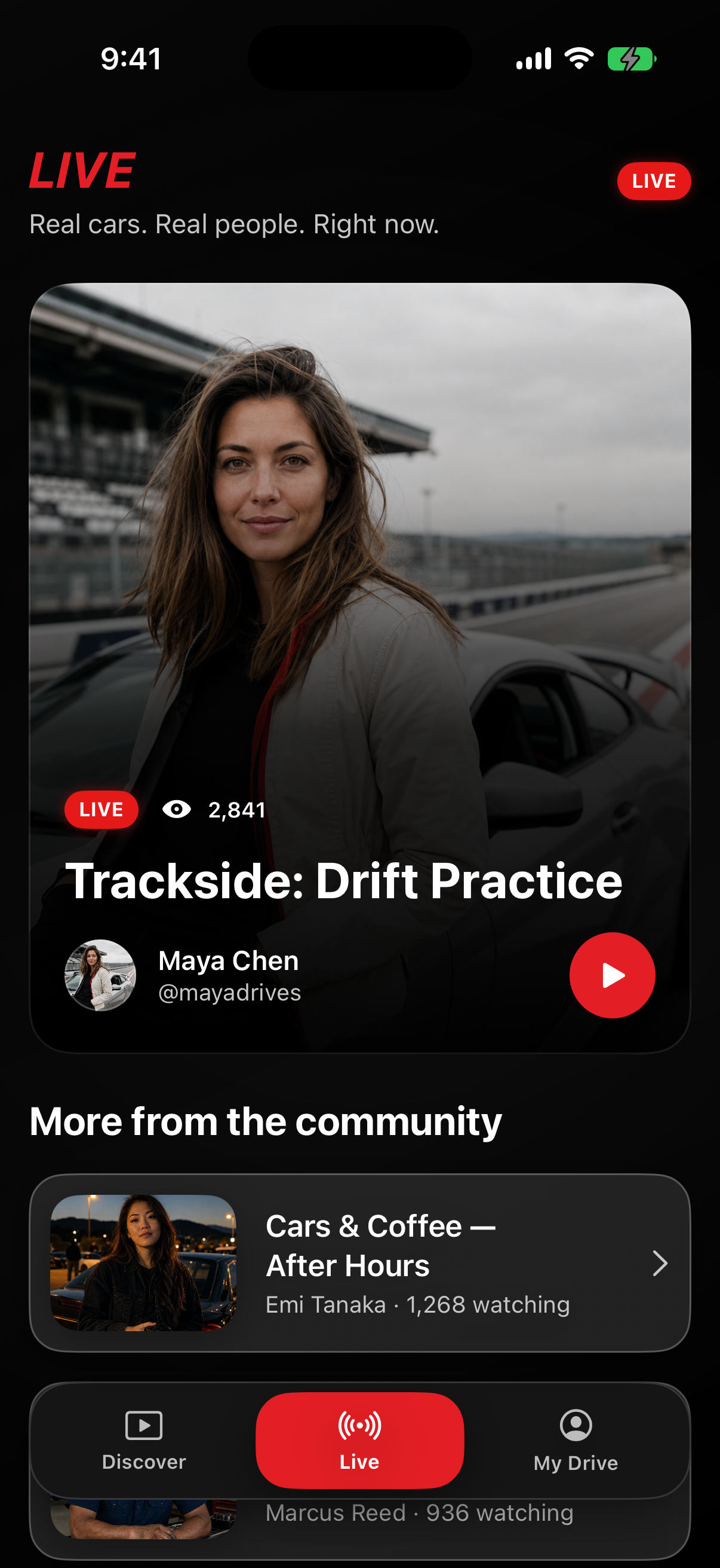 Drive Flix live hub with community broadcasts