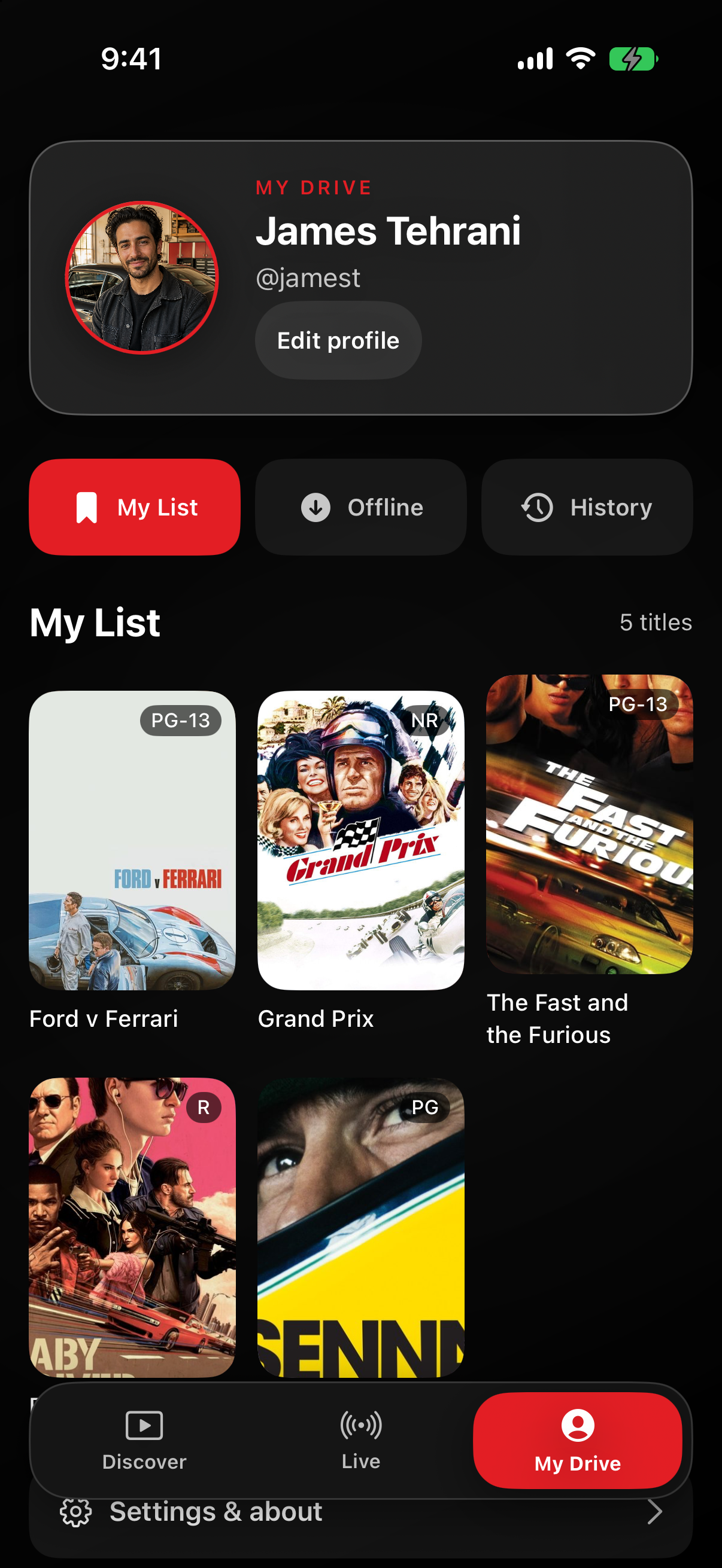 Drive Flix personal profile with saved automotive titles
