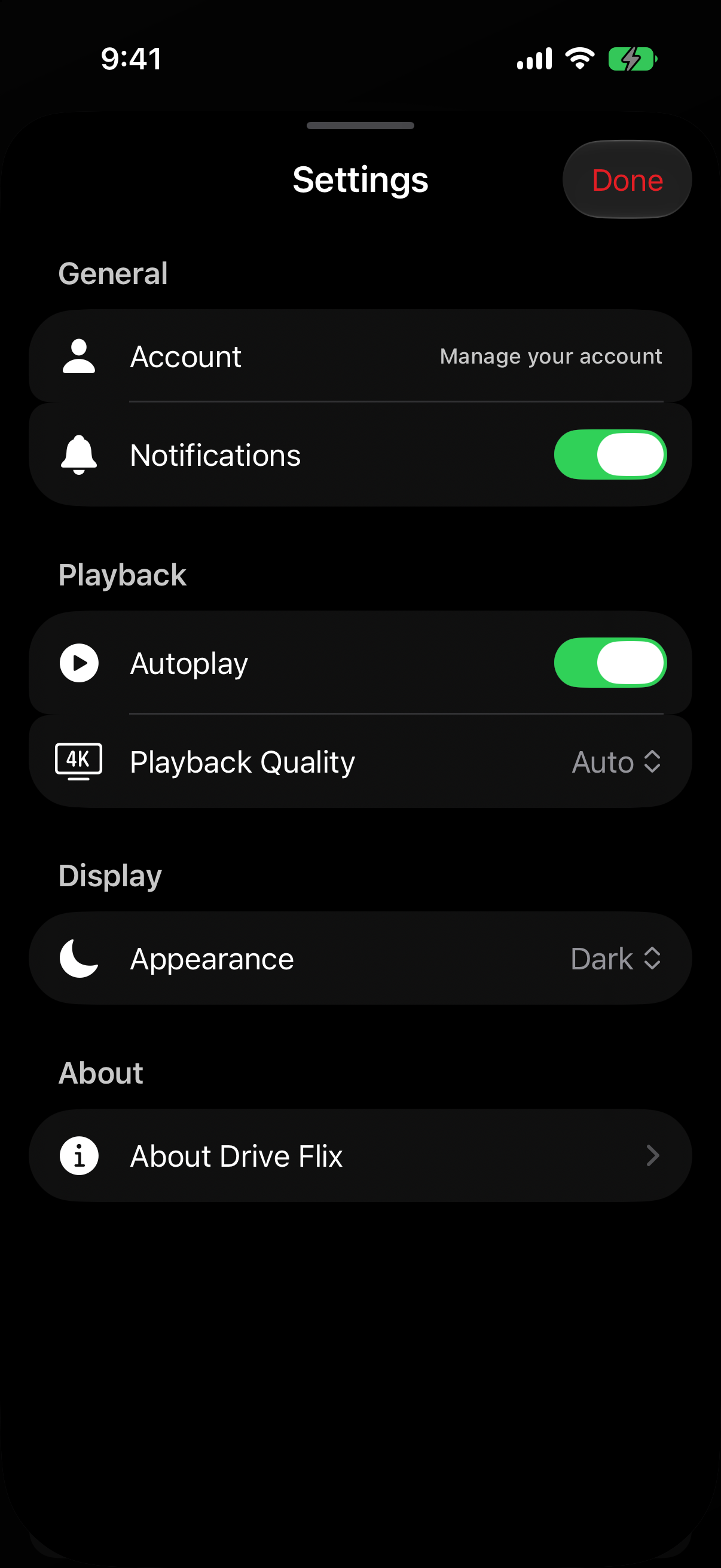Drive Flix settings for account, playback, and appearance