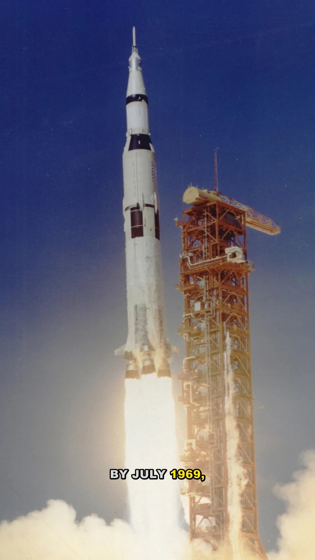 A frame from the Apollo 11 film produced in CinePulse, with captions over an archival rocket launch photograph