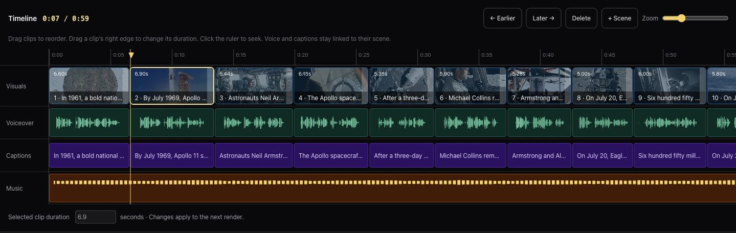 The CinePulse timeline: ten linked scenes across visual, voiceover, caption, and music tracks, with scene duration and reorder controls