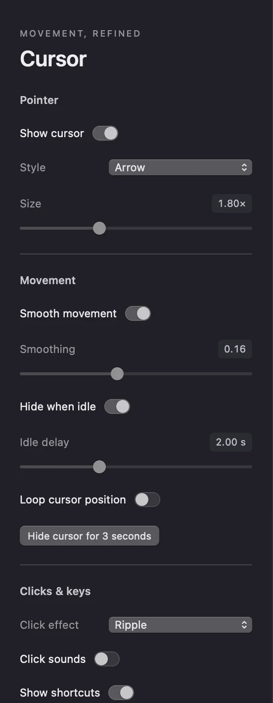 Frame Studio’s Cursor inspector with pointer size, movement smoothing, idle hiding, click ripples, and shortcut controls