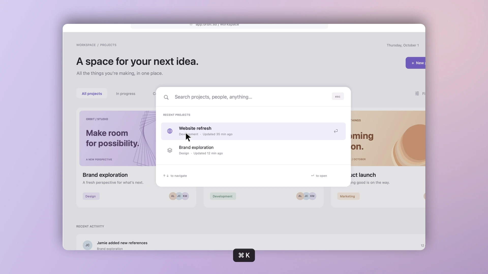 The Frame Studio demo follows a Command-K shortcut into the dashboard’s search palette
