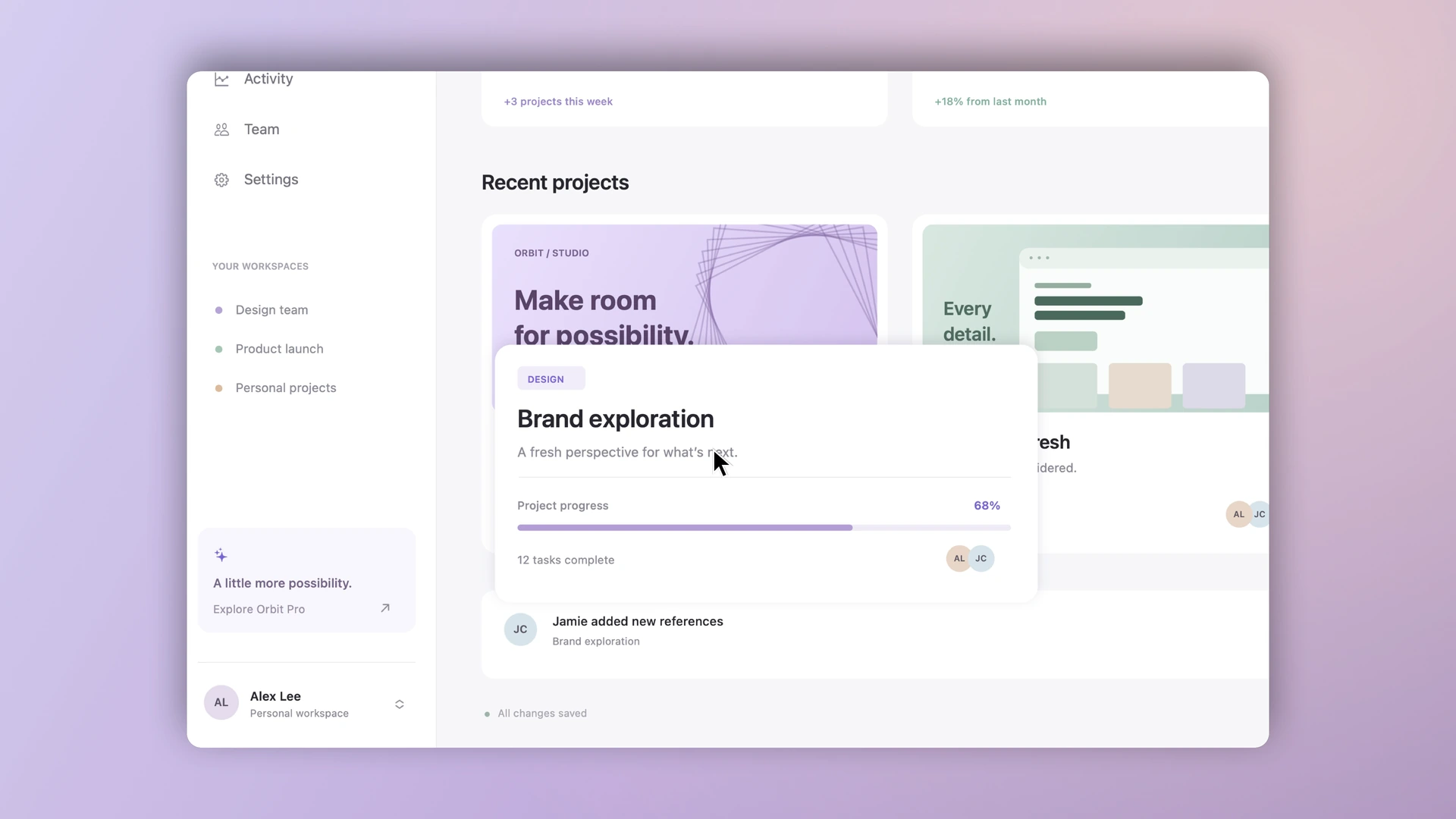 Frame Studio’s eased zoom brings the Brand exploration project card and its details into focus