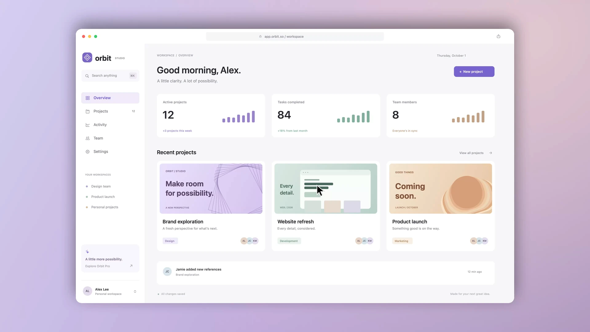 The new Frame Studio demo: a crisp dashboard overview framed on a lavender canvas