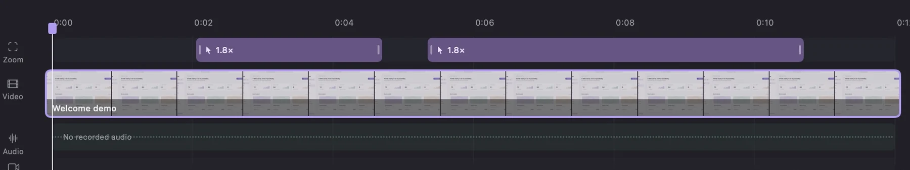 Frame Studio’s timeline with two editable purple zoom regions above the original video, audio, and layout tracks