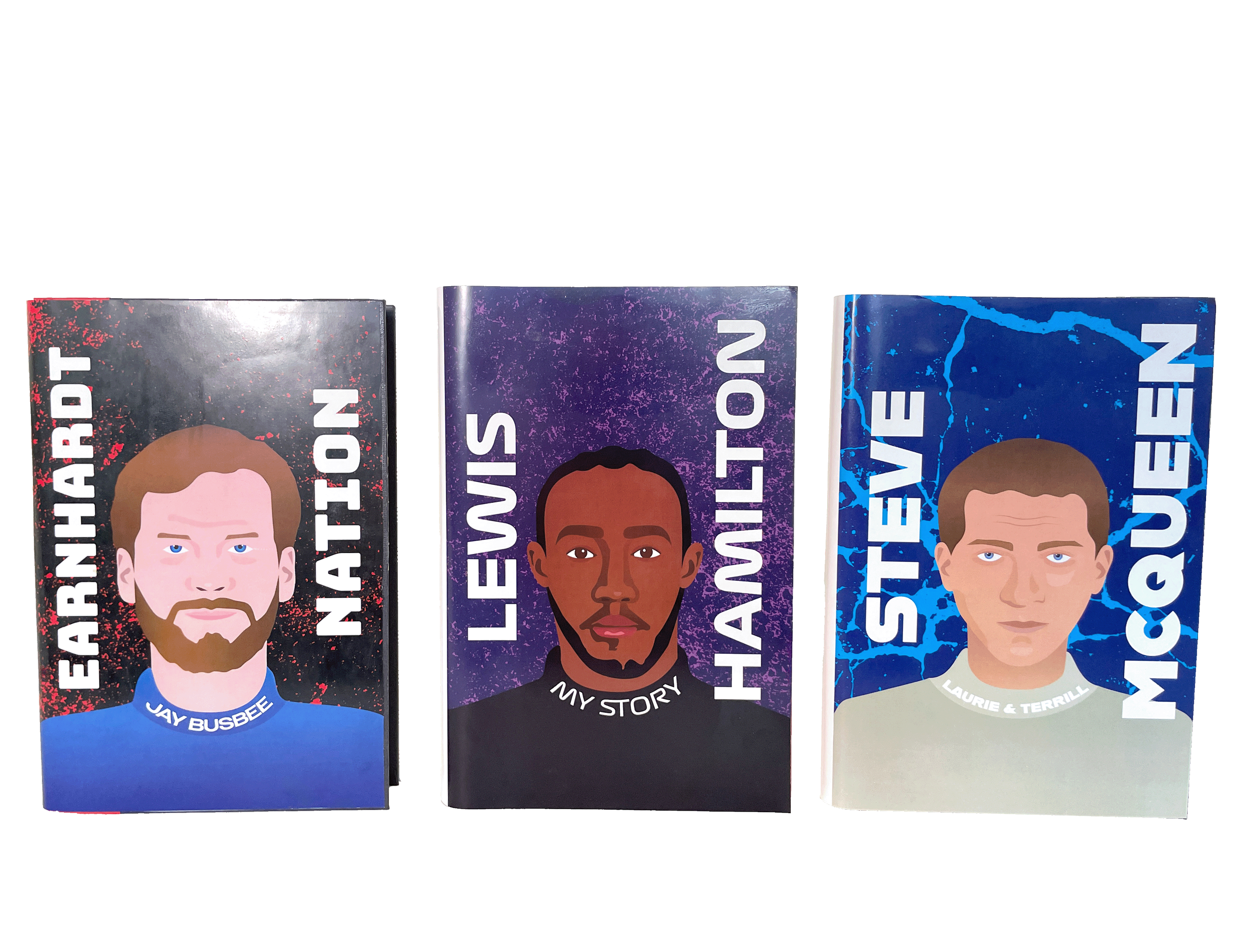 Motorsport book covers — lineup of all three front covers