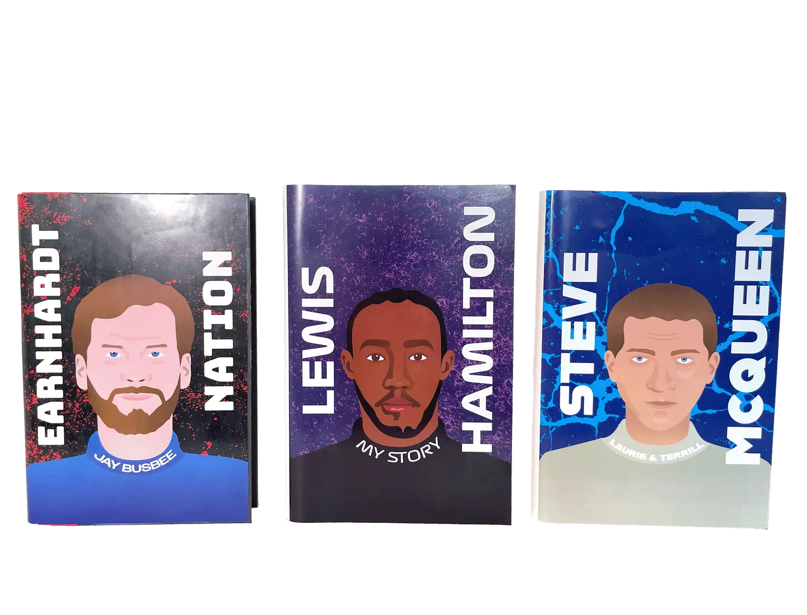 Motorsport book covers, showing all three front covers