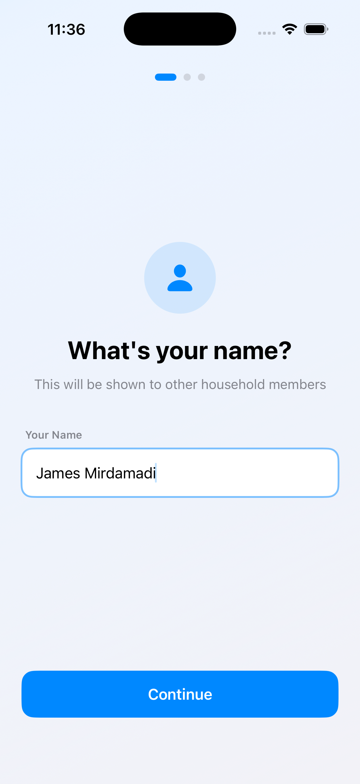 Onboarding: enter your name