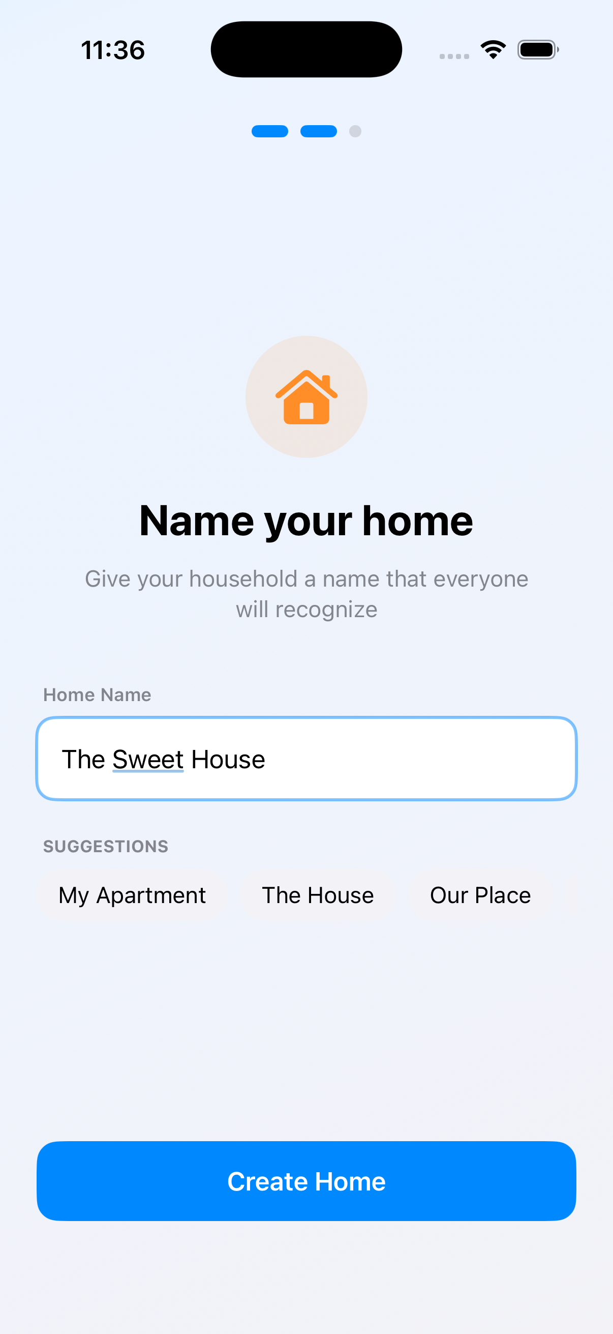Onboarding: name your home with smart suggestions