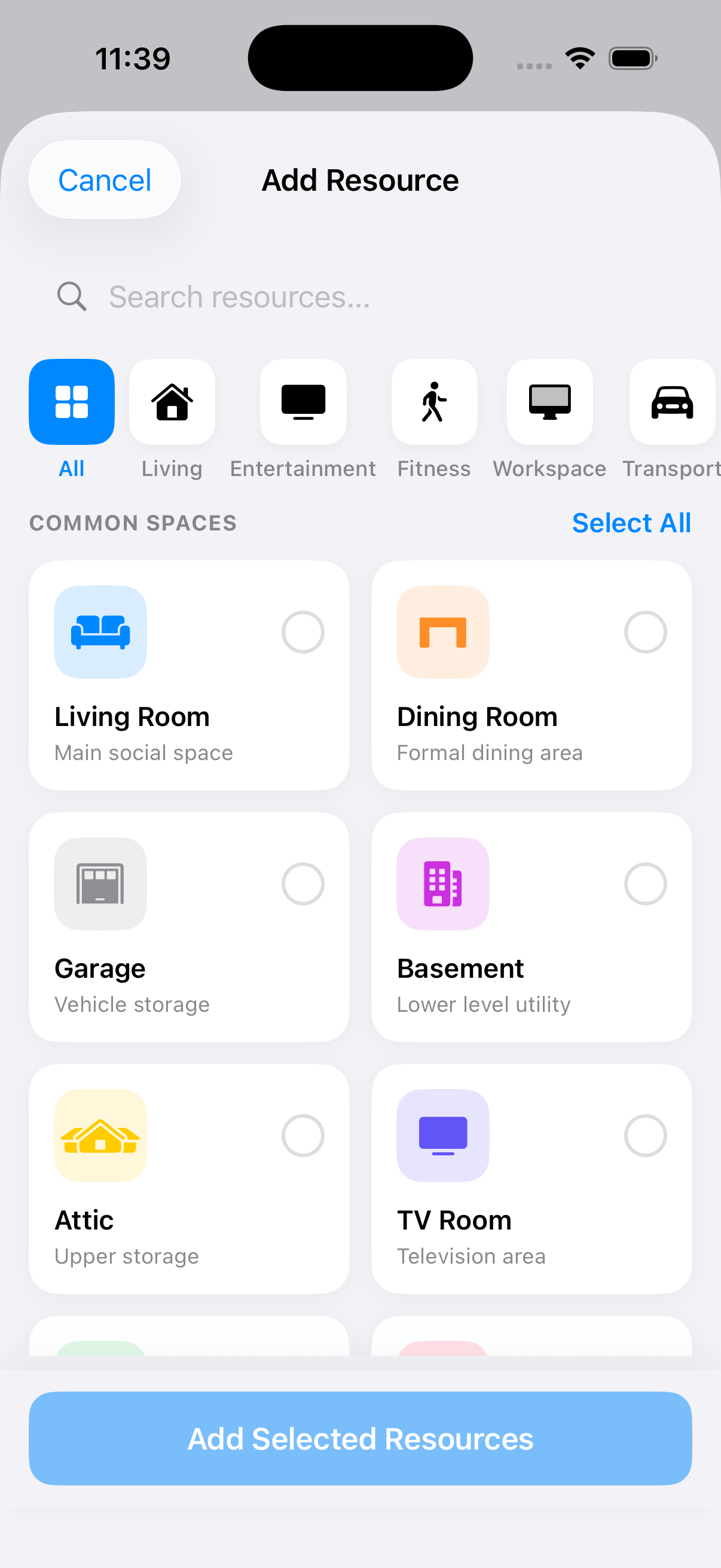 Add Resource picker with categories and common spaces