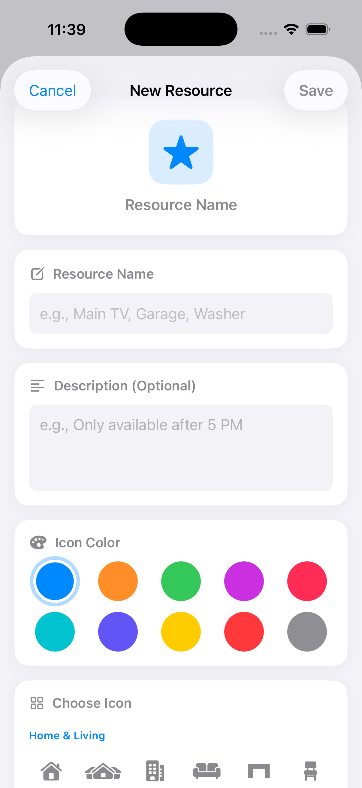 New Resource form with icon and color customization