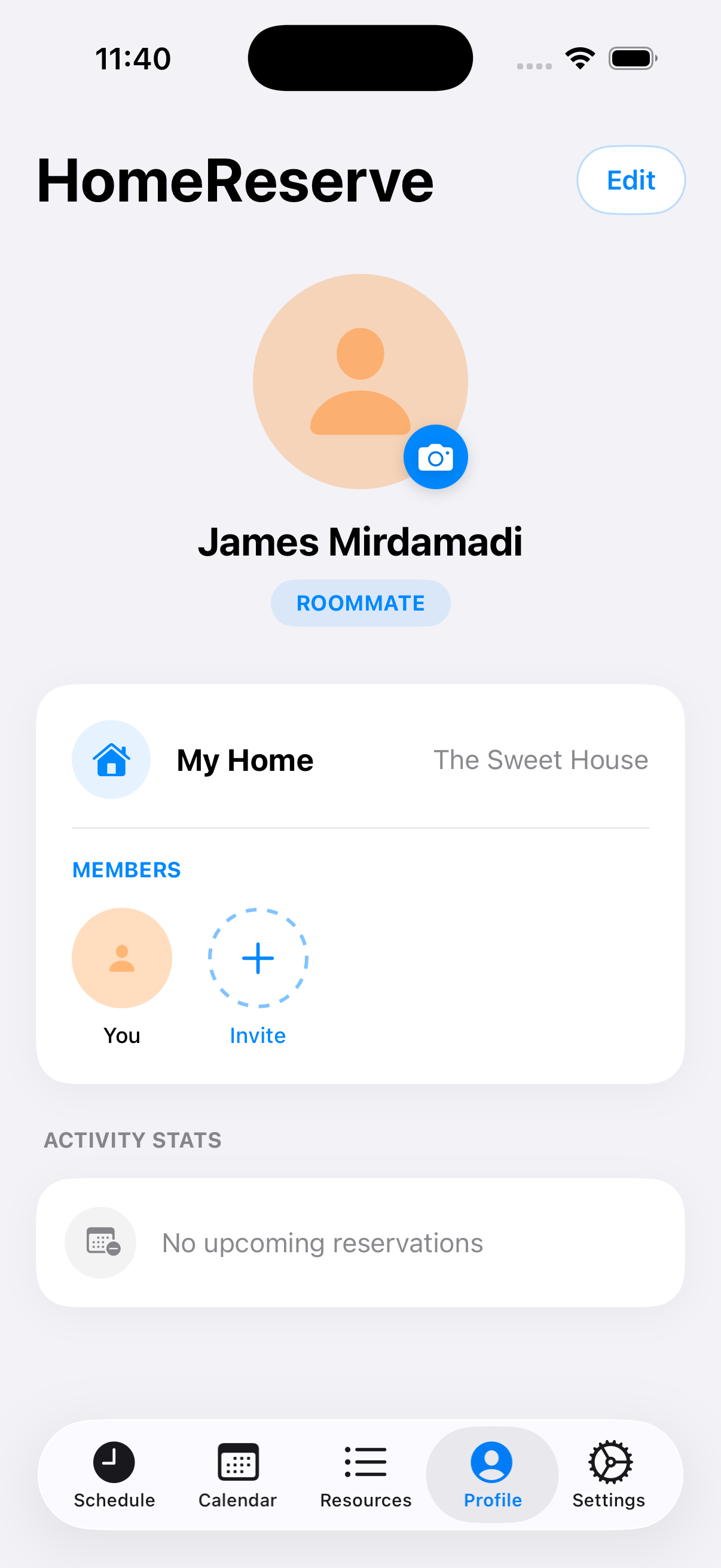 Profile screen with roommate badge and household members