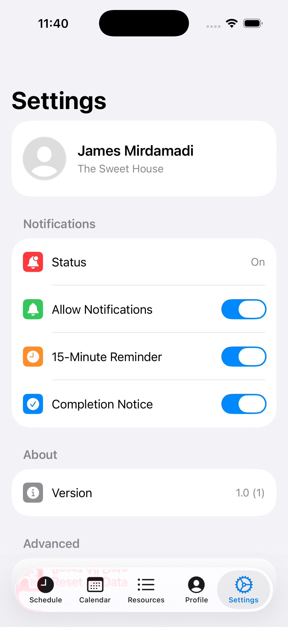 Settings screen with notifications controls
