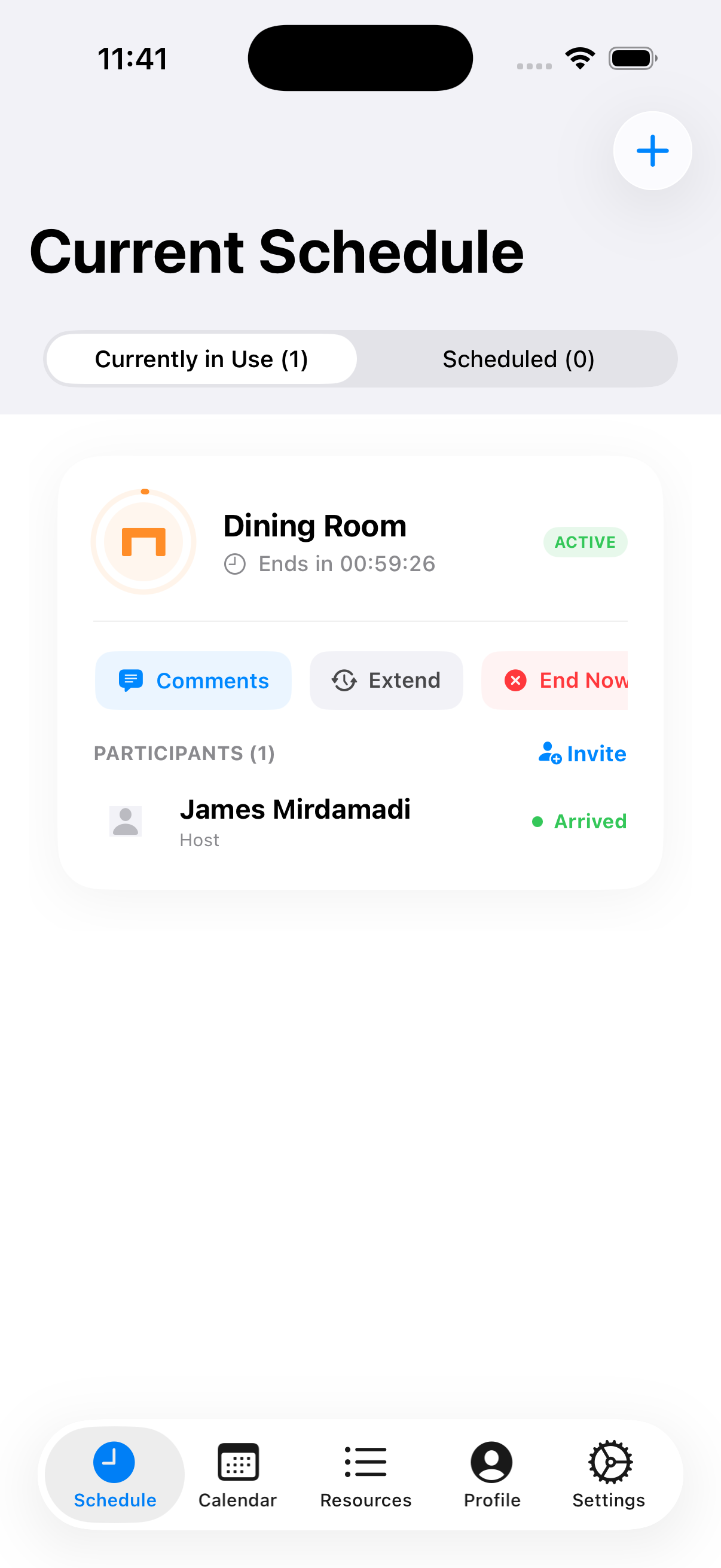 Active reservation with live countdown and quick actions