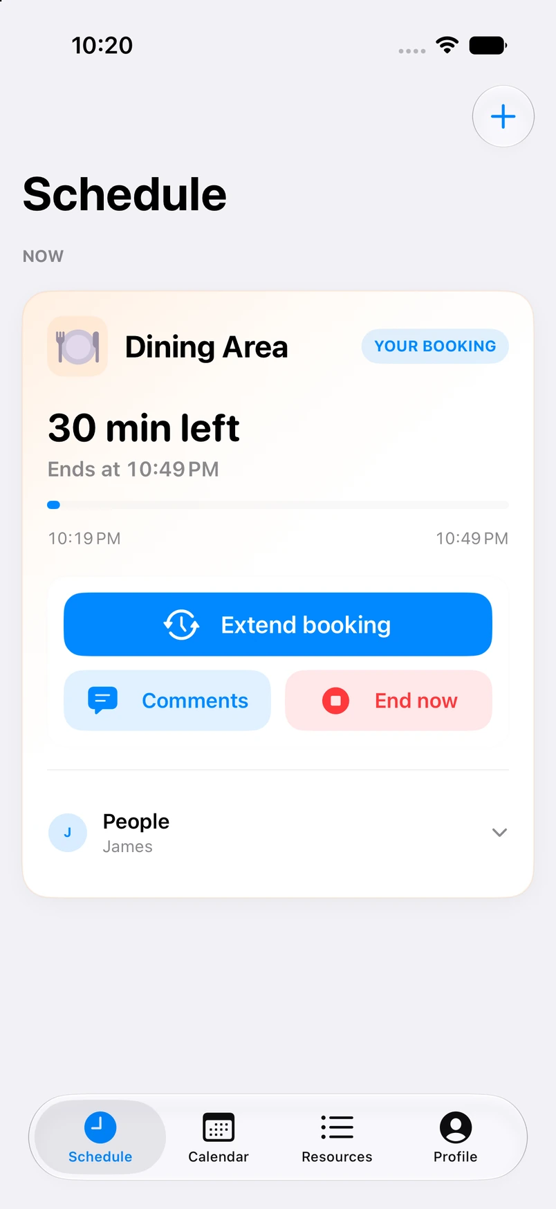 Your Space active Dining Area booking with a live countdown