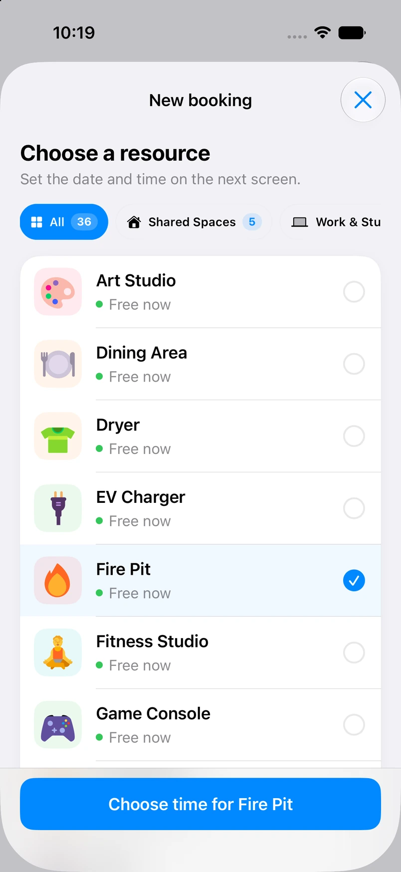 Booking flow with Fire Pit selected from available resources