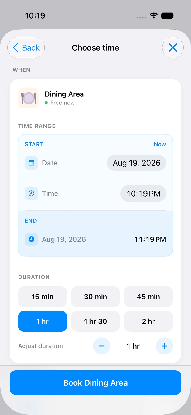 Choose time screen for a Dining Area booking
