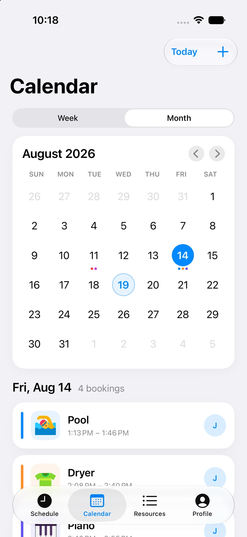 Your Space month calendar with household bookings