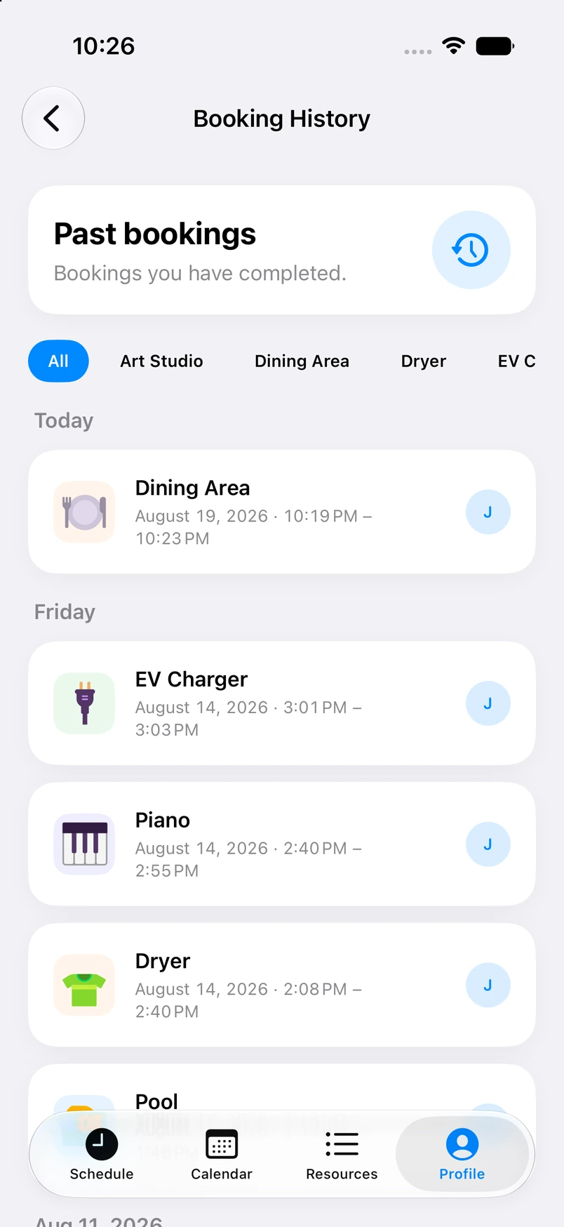 Your Space booking history grouped by date and resource
