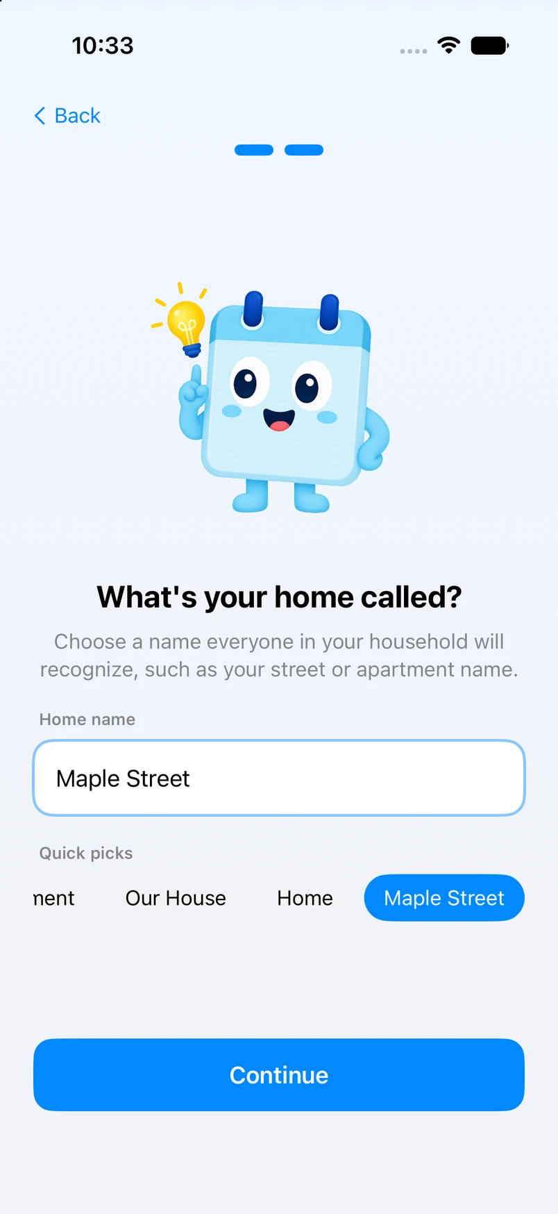 Your Space onboarding screen for naming a shared home