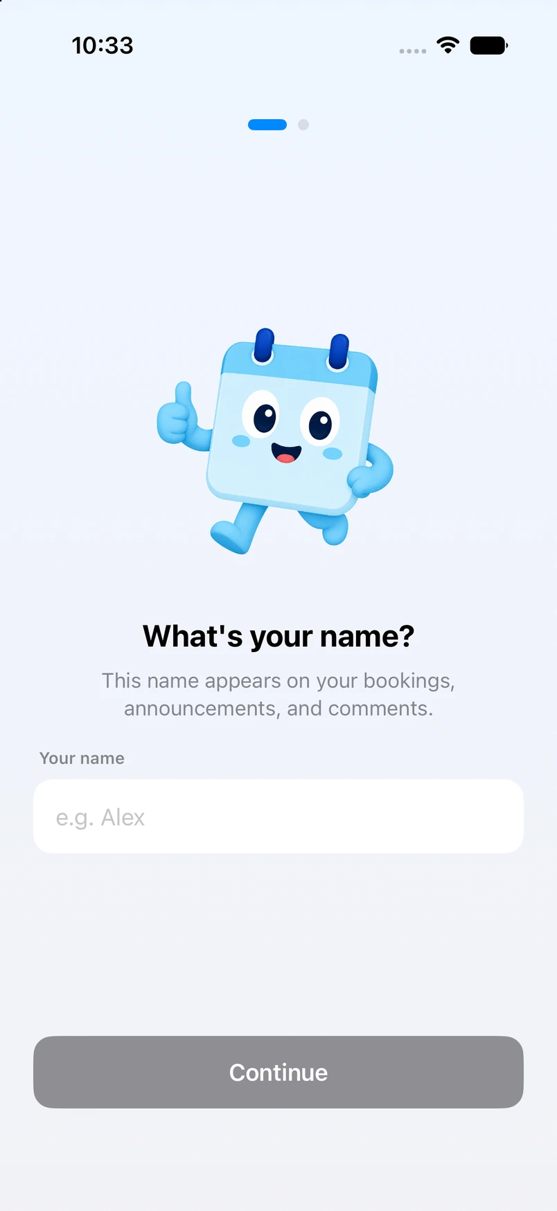 Your Space onboarding screen asking for the member name
