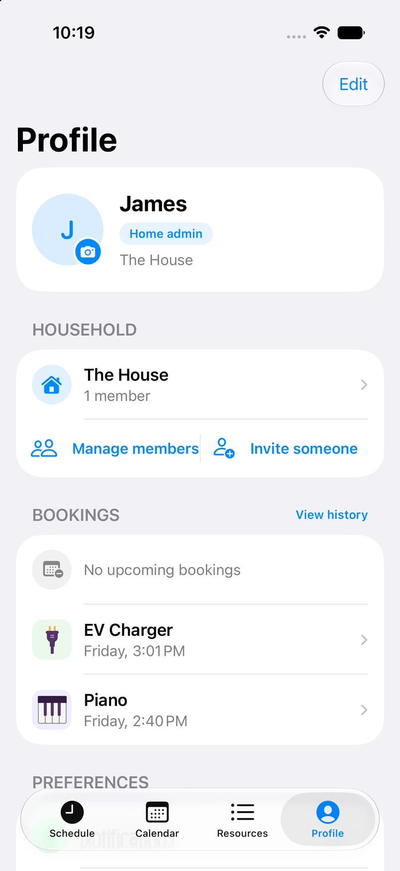 Your Space profile and household management screen