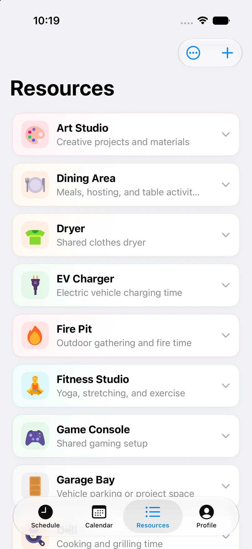 Your Space resources screen showing bookable shared spaces