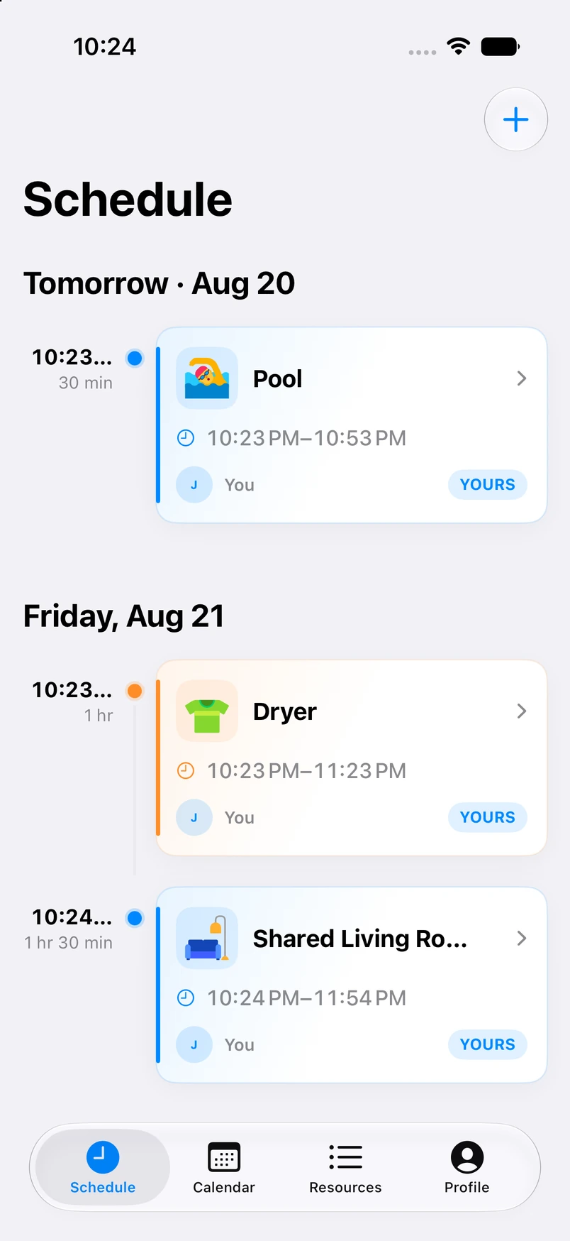 Your Space schedule showing upcoming household bookings